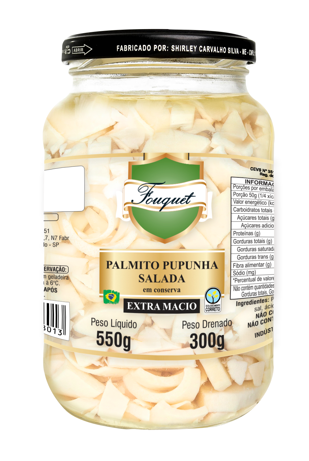 Embalagem de 300 g de palmito pupunha Fouquet no corte Palmito Pupunha Salada · 300 g, Linha Varejo