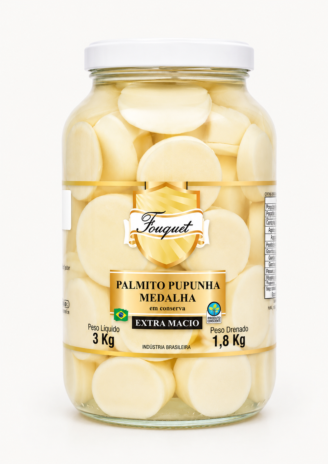 Embalagem de — de palmito pupunha Fouquet no corte Palmito Pupunha Medalha · 1,8 kg, Linha Varejo