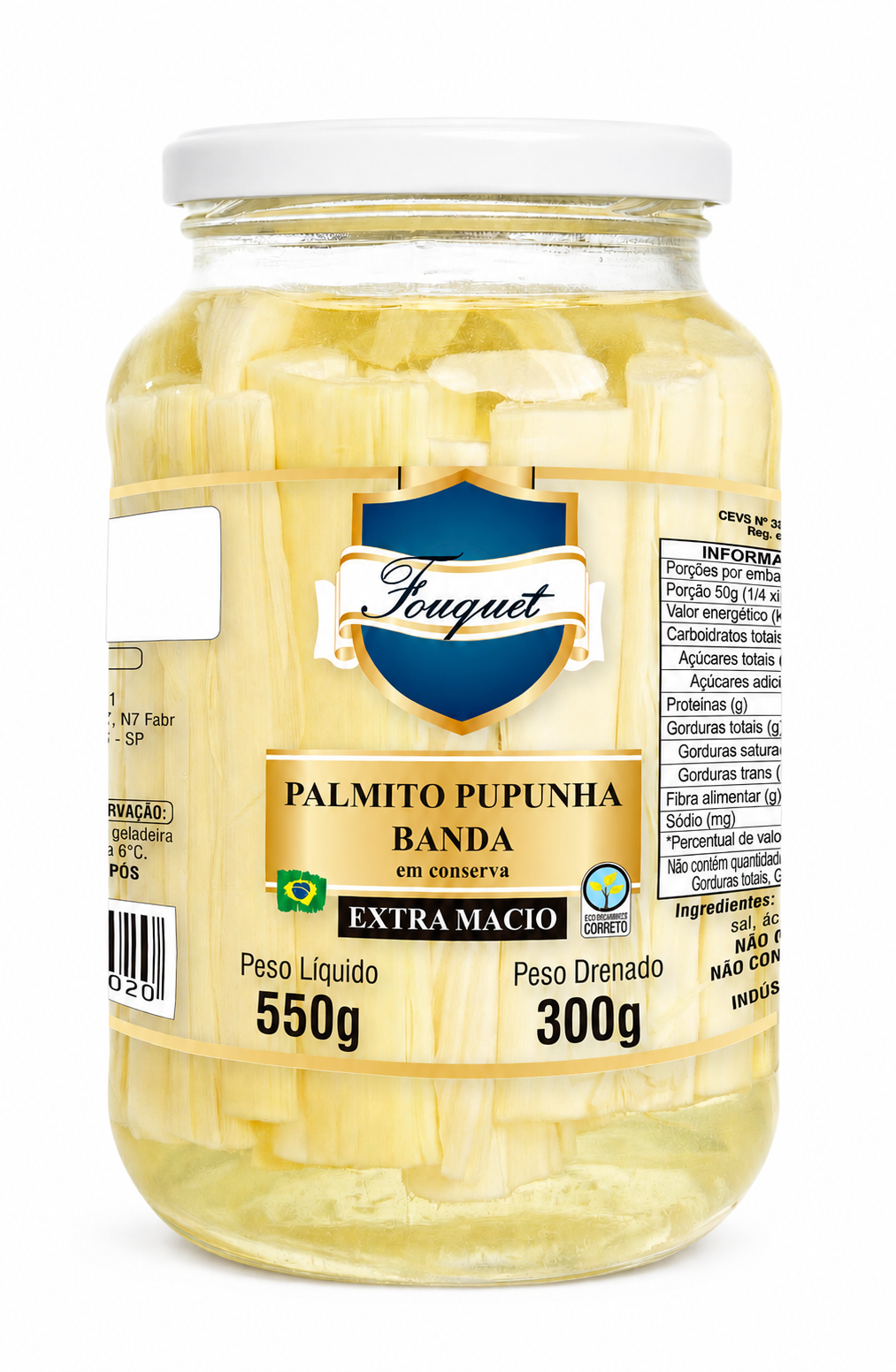 Embalagem de 300 g de palmito pupunha Fouquet no corte Palmito Pupunha Banda · 300 g, Linha Varejo