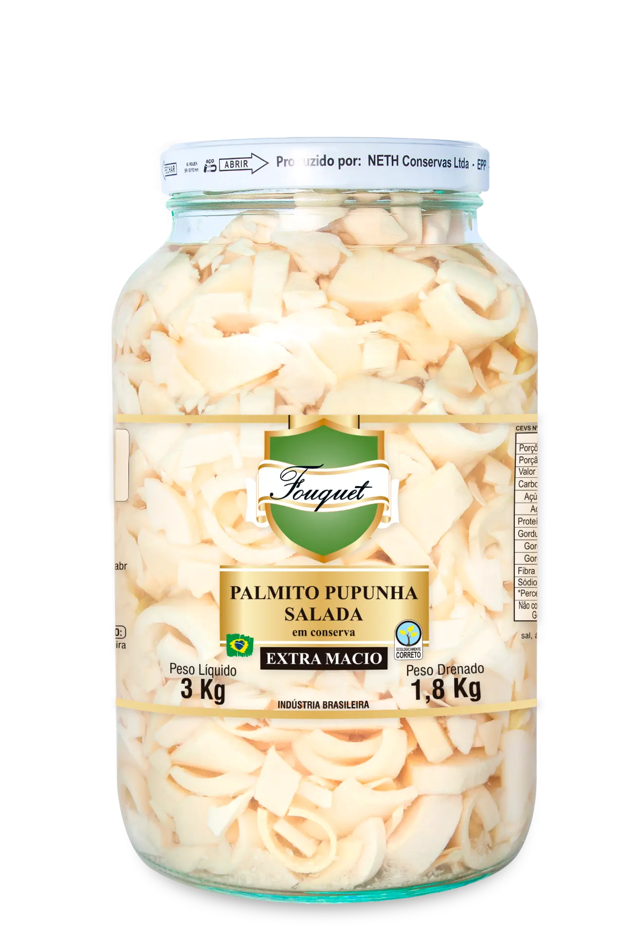 Embalagem de — de palmito pupunha Fouquet no corte Palmito Pupunha Salada · 1,8 kg, Linha Varejo