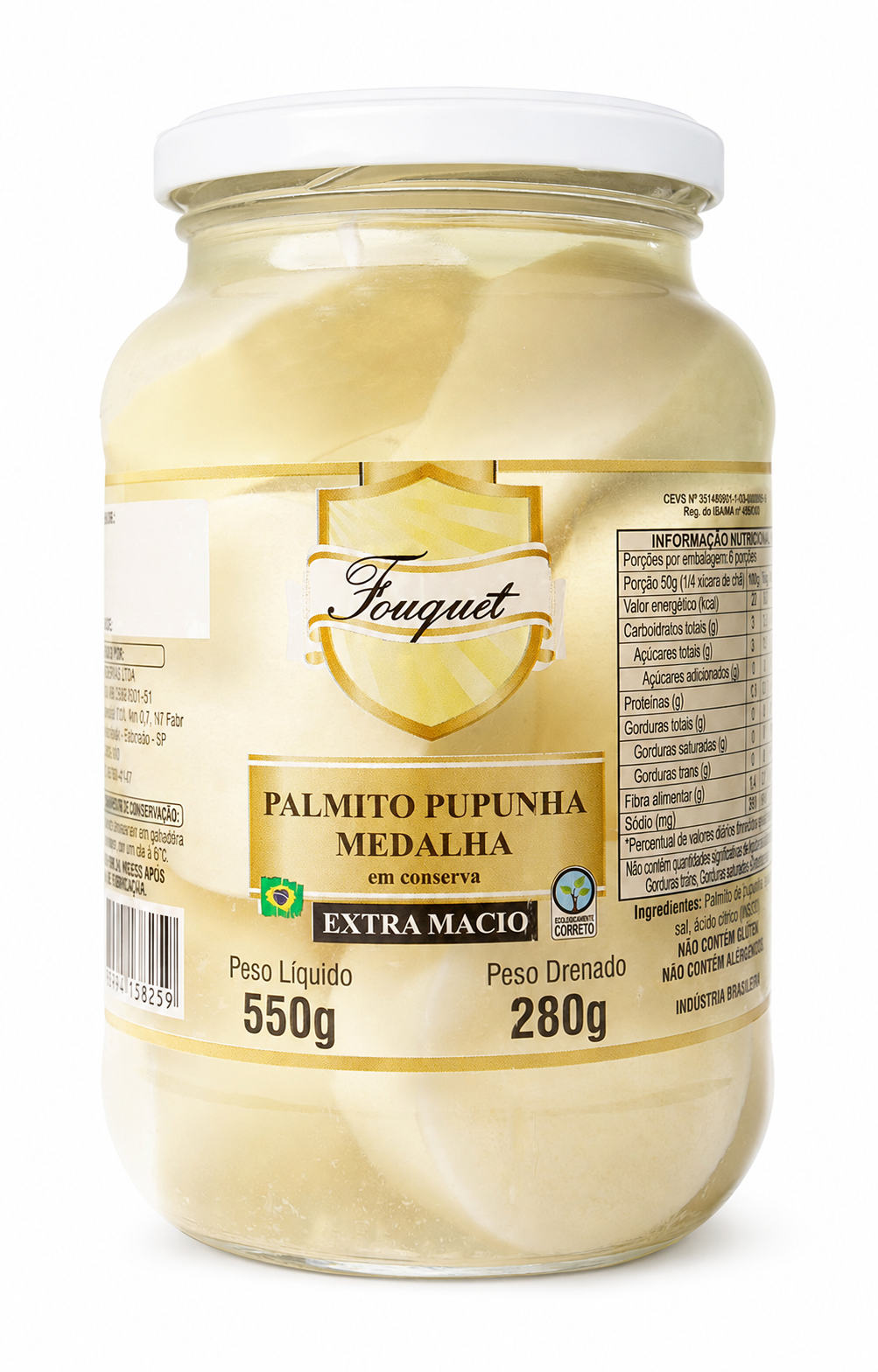 Embalagem de 300 g de palmito pupunha Fouquet no corte Palmito Pupunha Medalha · 300 g, Linha Varejo