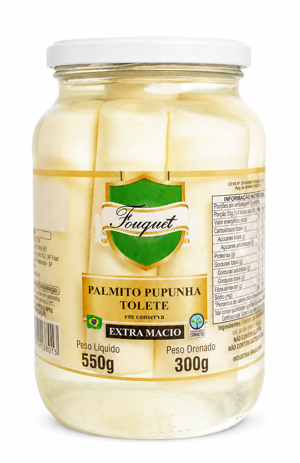 Embalagem de 300 g de palmito pupunha Fouquet no corte Palmito Pupunha Tolete · 300 g, Linha Varejo