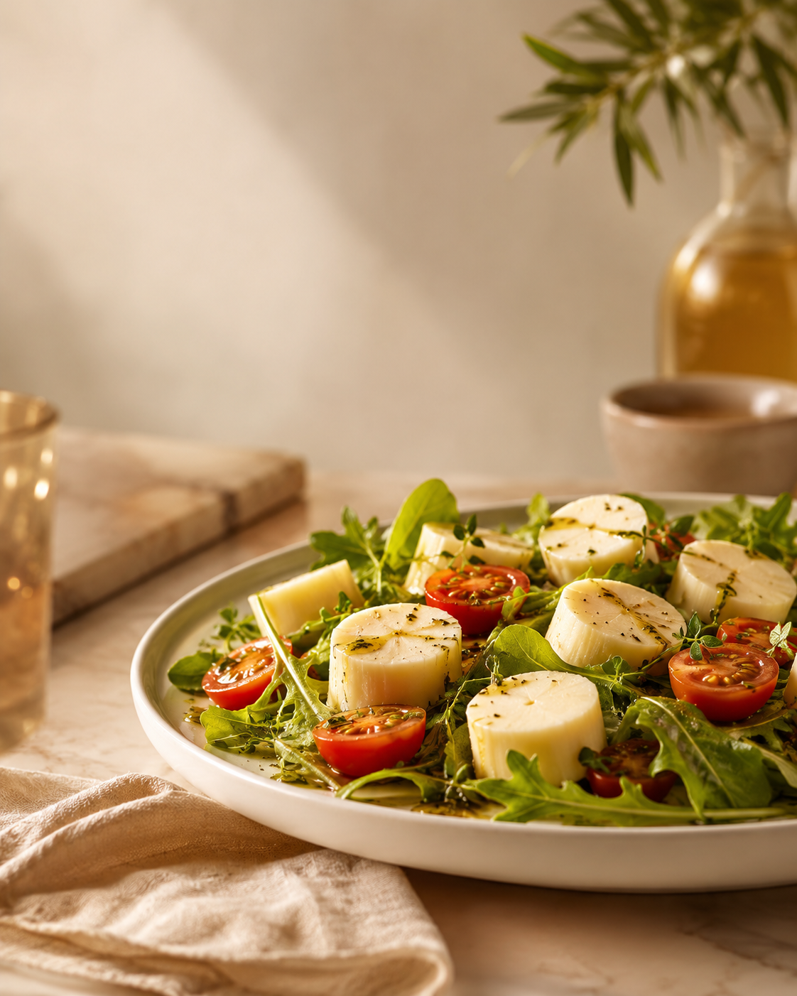 Salada de palmito pupunha Fouquet com rúcula e tomatinhos, servida em prato branco